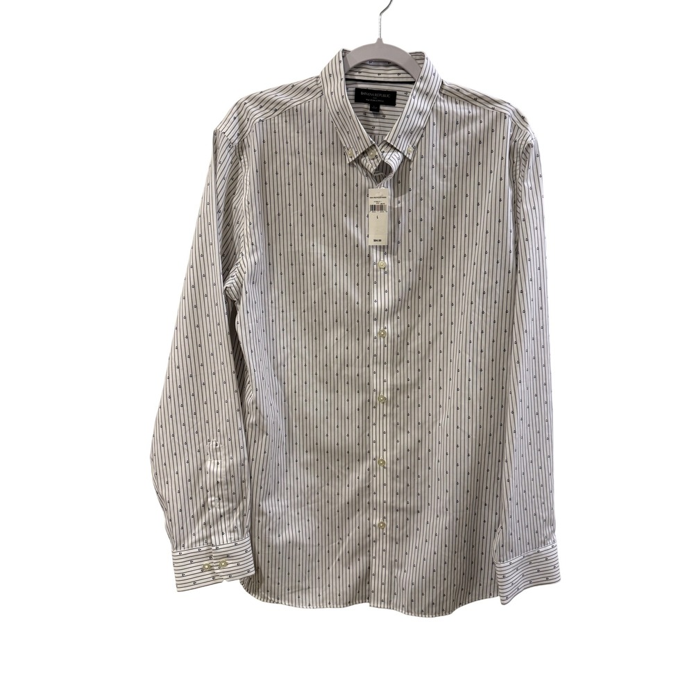 Banana Republic Mens Non-Iron Slim Fit Anchor Stripe Button Down Shirt White L